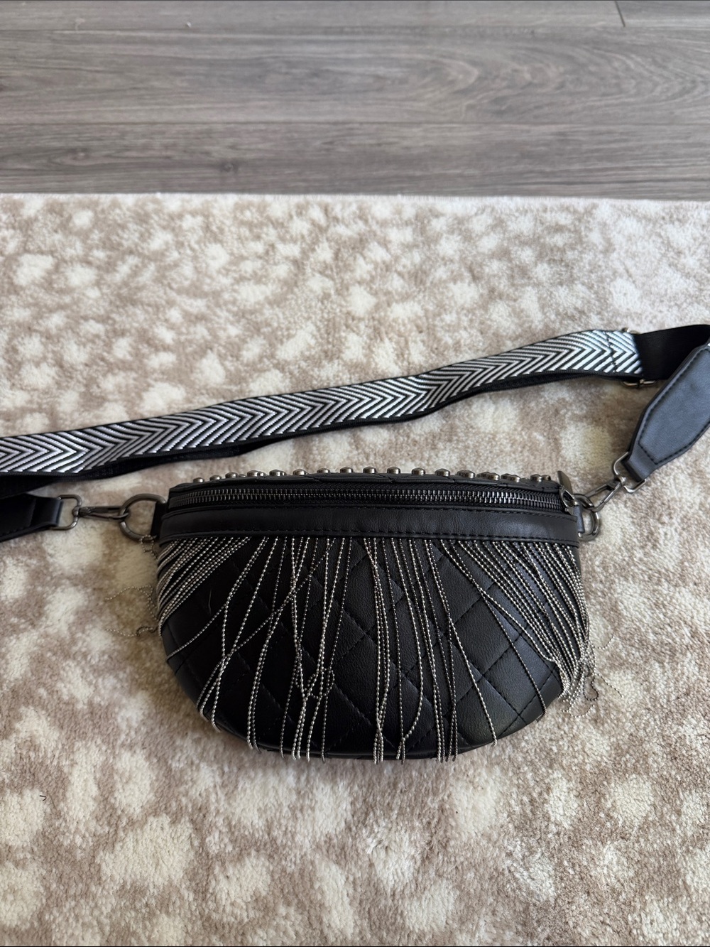 Black Quilted Chain-Embellished Crossbody Belt Bag